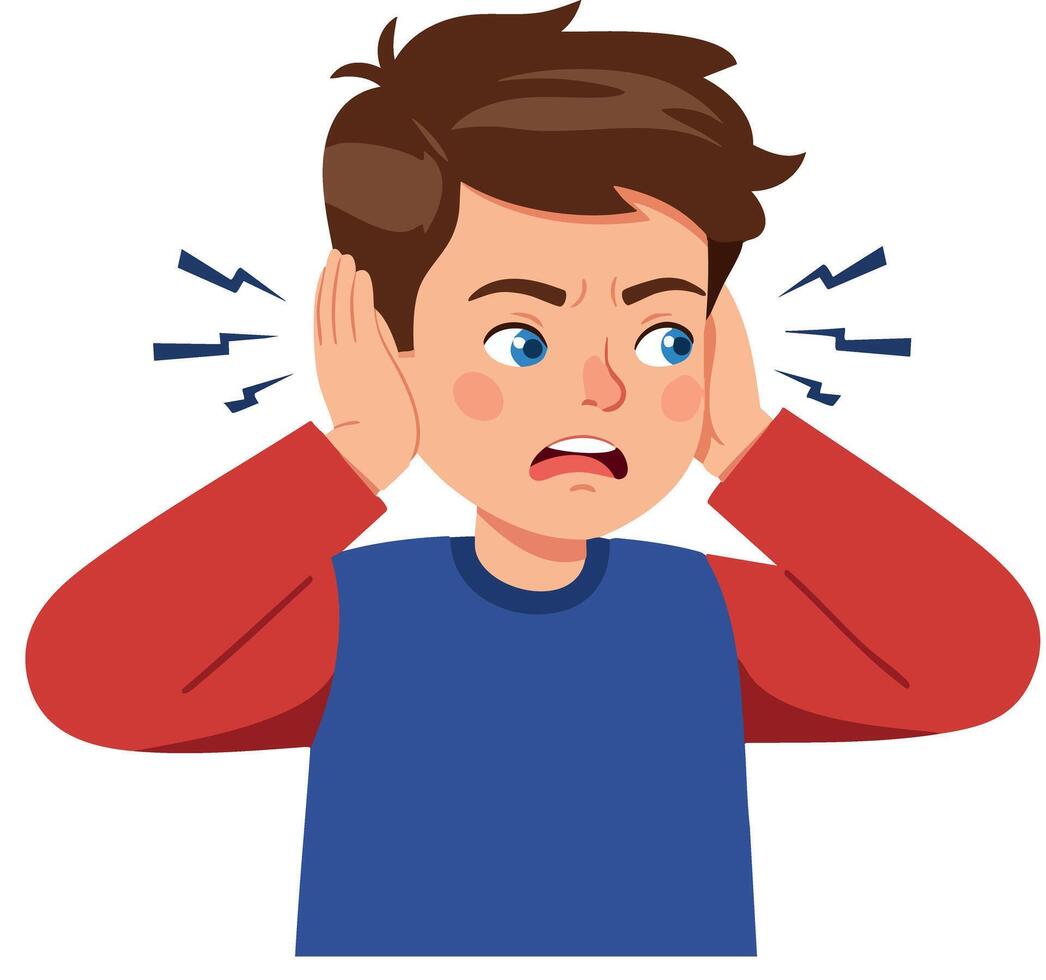 Boy covering ears in discomfort with blue and red clothing illustration vector