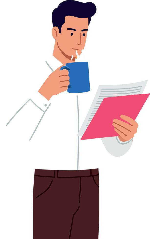 Man drinking coffee while reading document holding blue cup illustration vector
