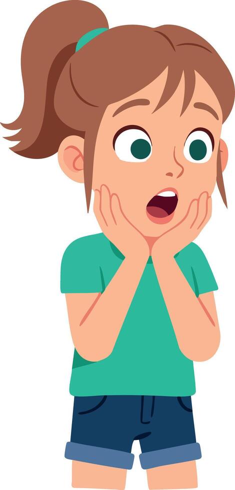 Young girl surprised expression with teal shirt and navy shorts illustration vector