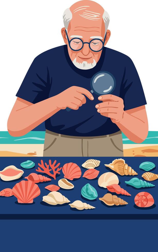 Elderly man examining seashells with magnifying glass detailed illustration vector
