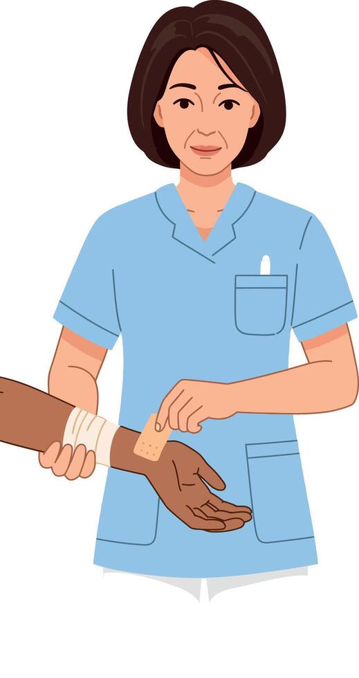 Nurse checking patient pulse in blue uniform healthcare illustration vector