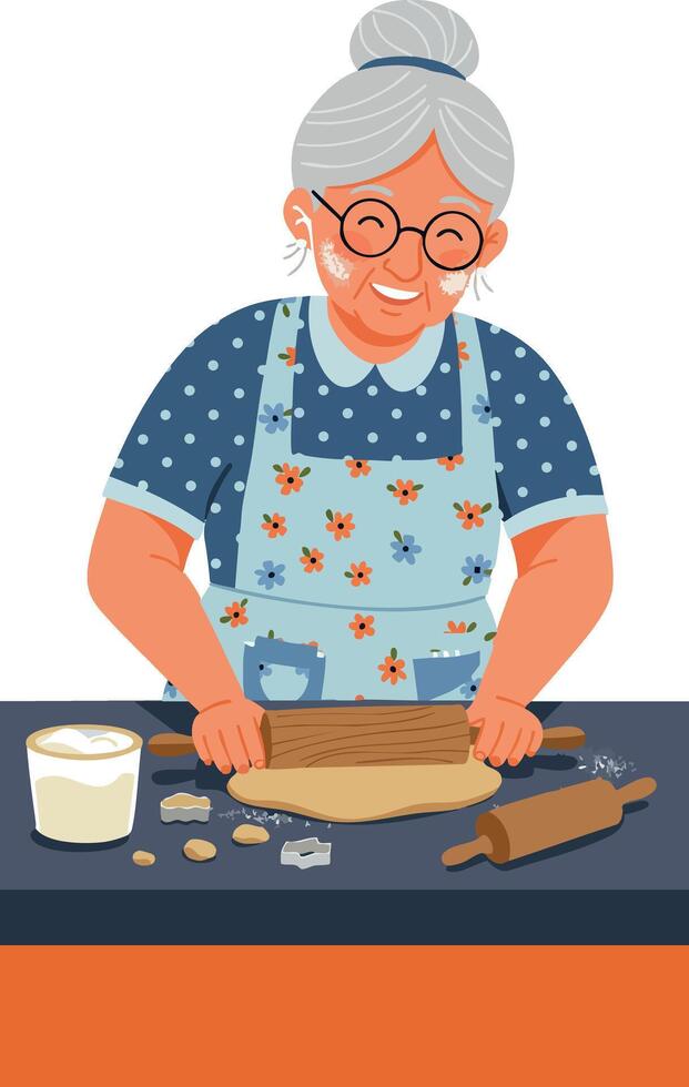 Elderly woman baking cookies with rolling pin in kitchen apron illustration vector