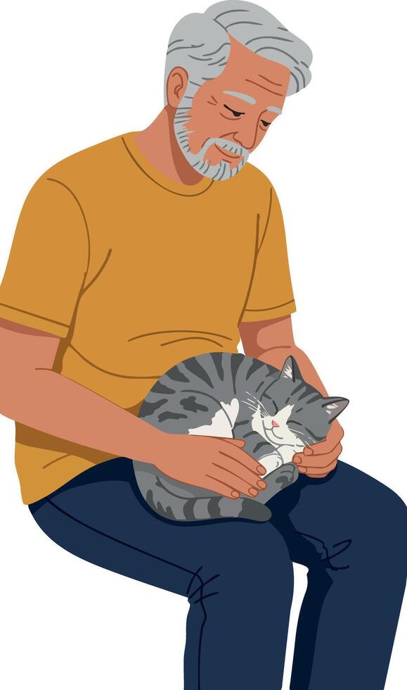 Elderly man sitting and holding sleeping cat in lap illustration in calm moment vector