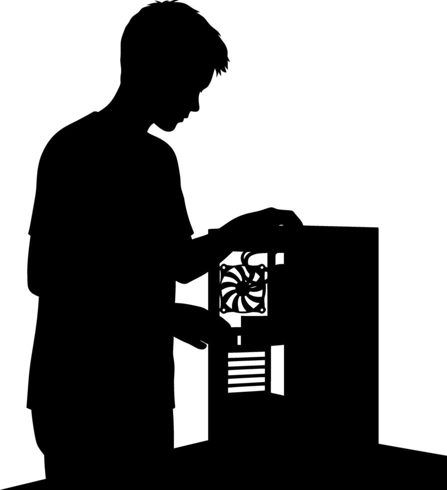 Silhouette of male assembling computer hardware inside PC case illustration vector