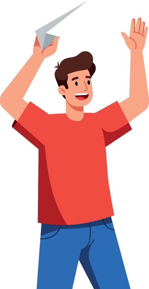 Happy young man throwing paper plane in red shirt and blue jeans illustration vector
