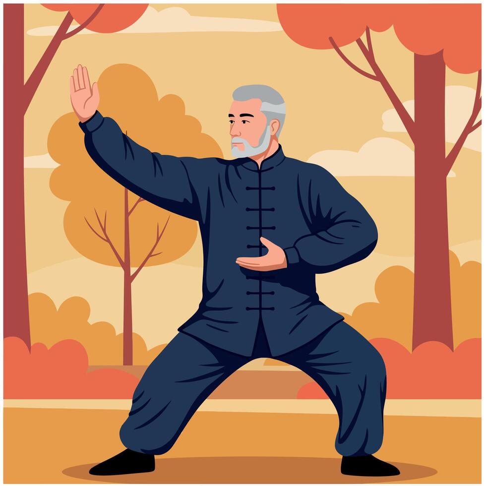 Elderly man practicing tai chi in autumn park with orange trees and traditional clothing vector