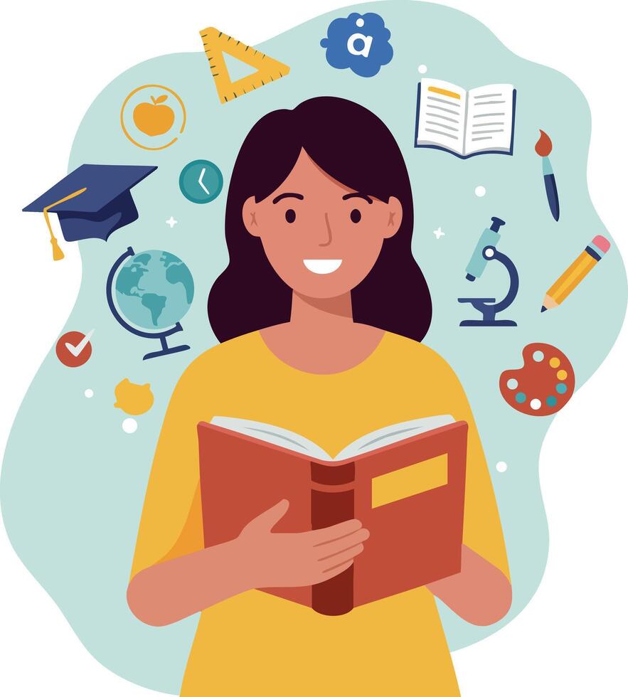Female Student Reading Book Surrounded by Education Symbols Learning Concept Illustration vector