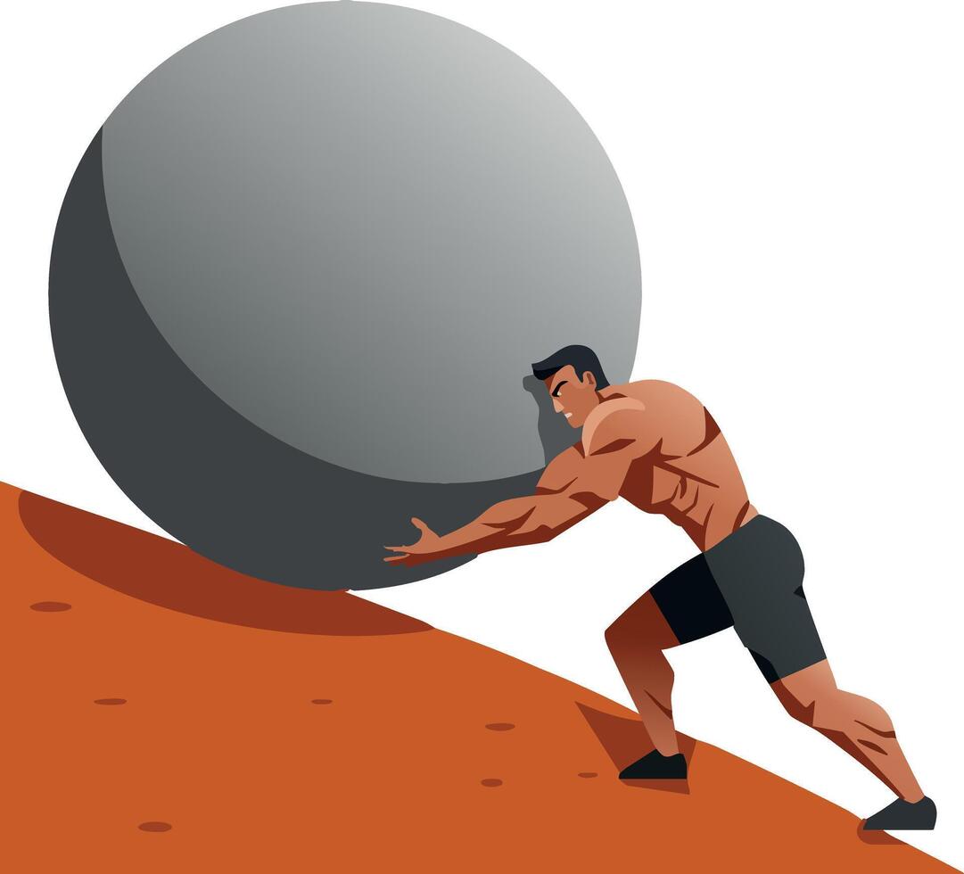 Muscular man pushing giant boulder uphill illustrating strength and determination concept vector