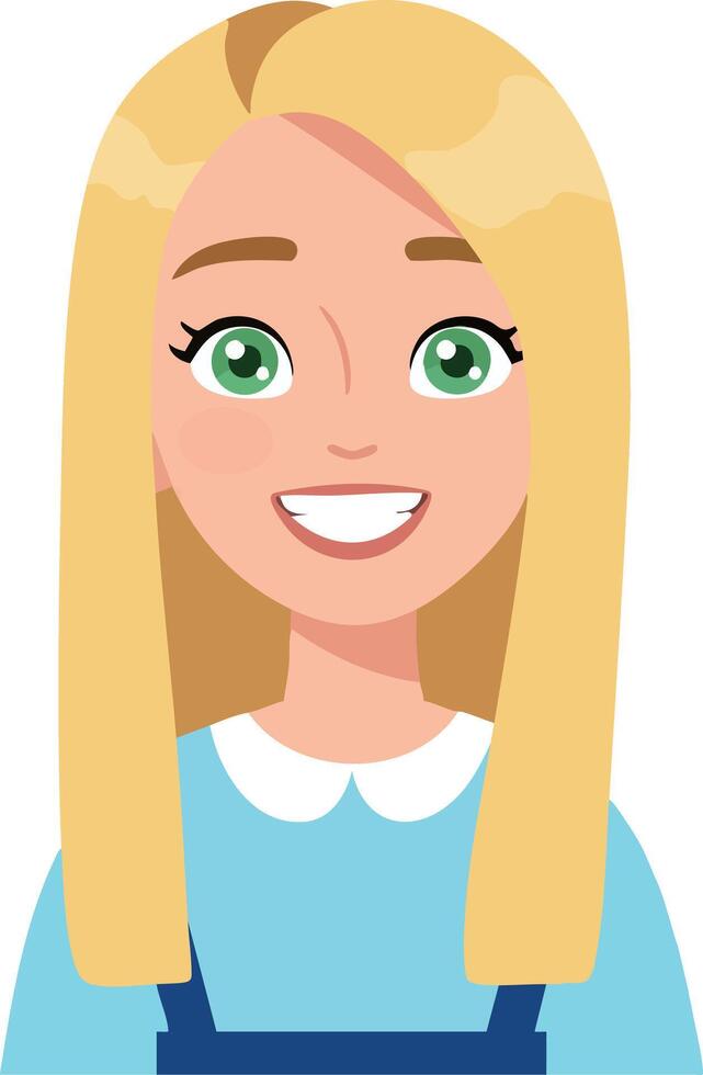 Blonde girl smiling with green eyes wearing blue outfit illustration portrait vector