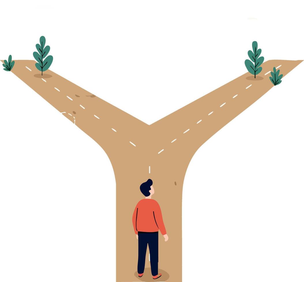 Person standing at forked road choice decision concept illustration vector