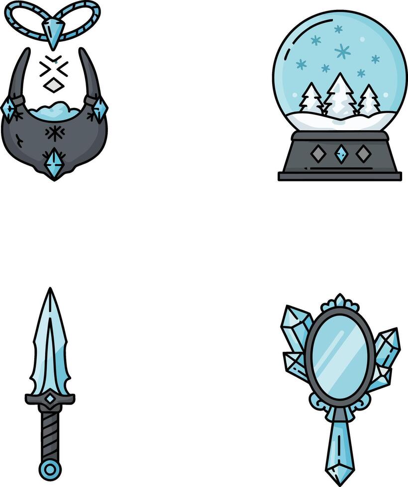 Ice-themed crown dagger mirror and snow globe fantasy magical set vector