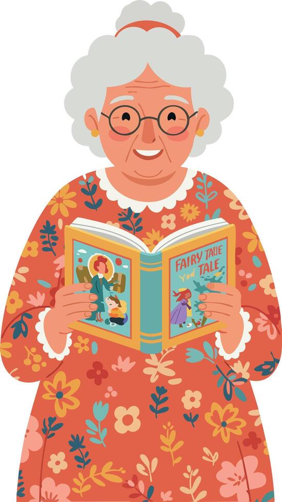 Elderly Woman Reading Storybook Wearing Floral Dress Illustration vector