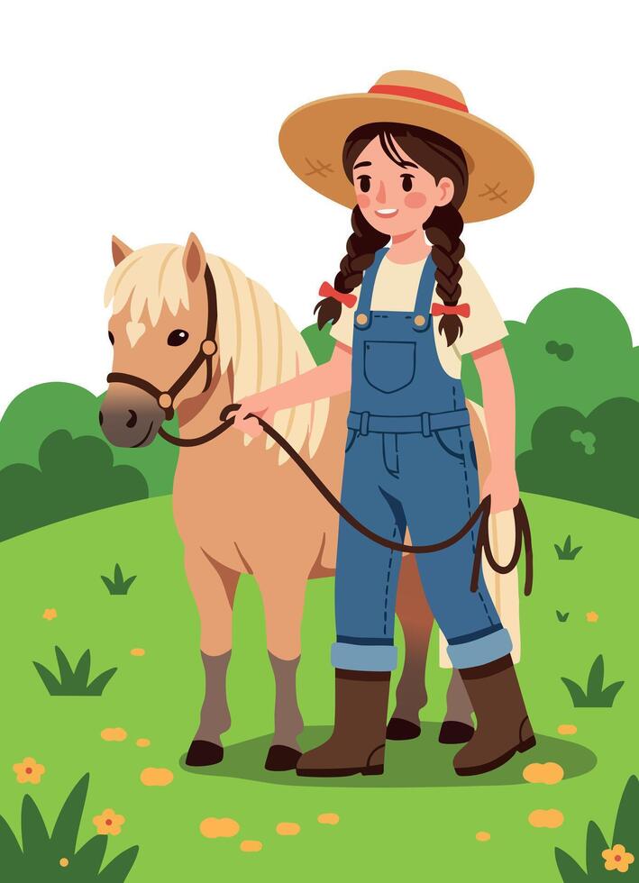 Girl in denim overalls holding horse on green grass field with yellow flowers illustration vector