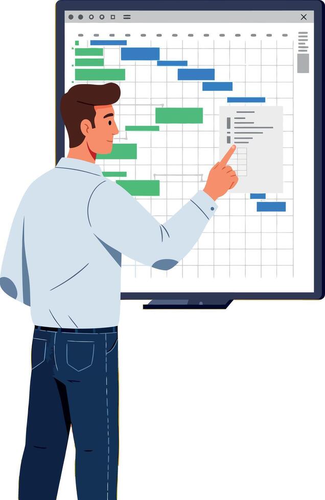 Man pointing at project timeline chart on digital board for business planning illustration vector