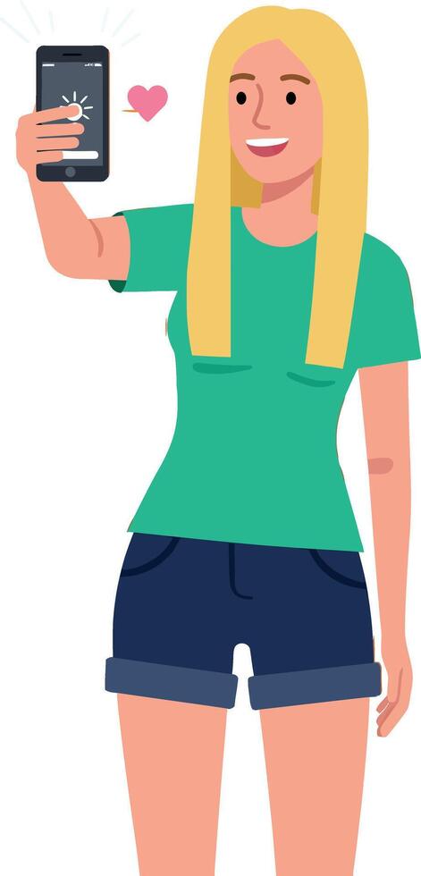 Young woman taking selfie with smartphone in casual summer outfit smiling vector