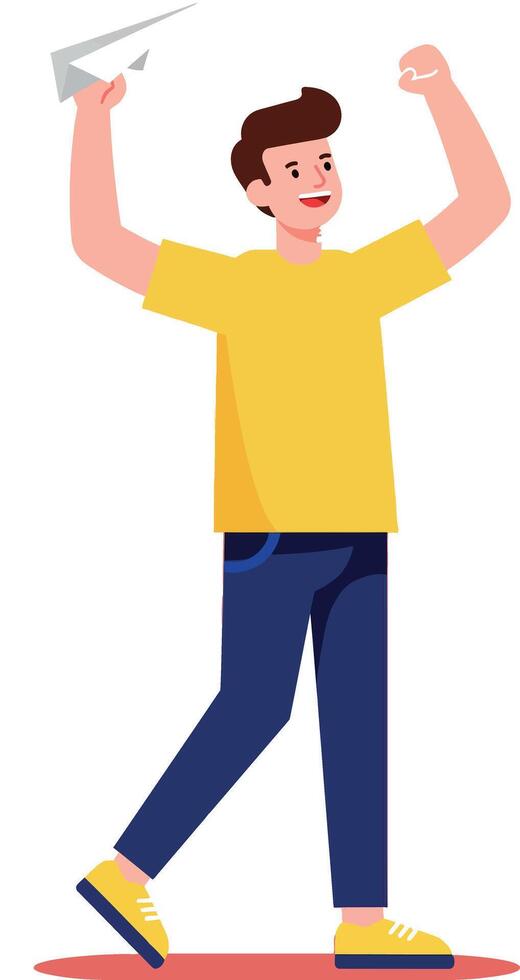 Boy Playing with Paper Airplane in Yellow Shirt and Blue Pants Illustration vector
