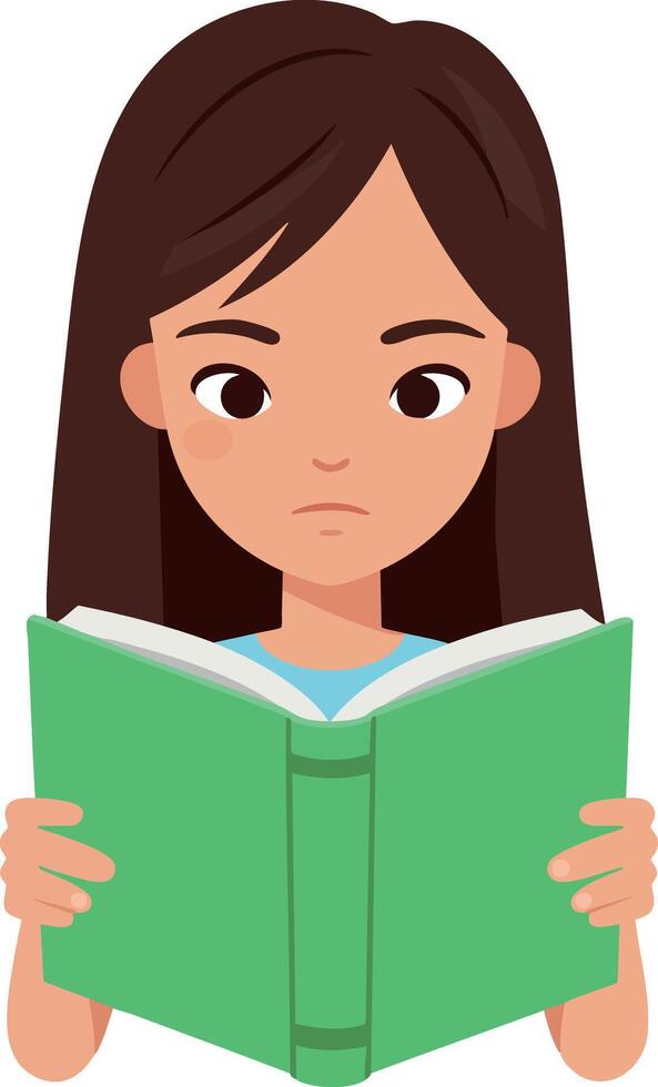 Young girl reading green book focused emotion illustration vector