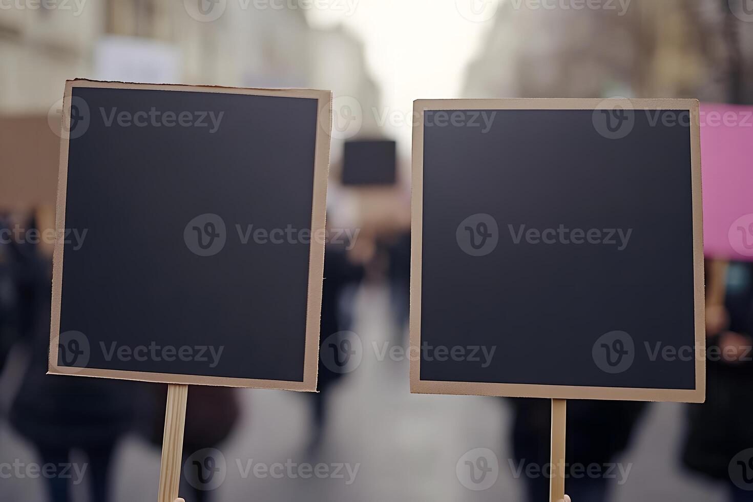 Two Blank Protest Signs Held High by Demonstrators in a Crowded City Street During a Social Movement March on an Overcast Day photo