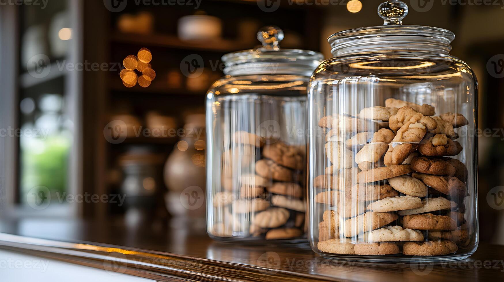 Freshly Baked Cookies Displayed in Elegant Glass Jars on a Rustic Countertop in a Cozy Bakery with Warm Lighting and a Charming Atmosphere photo