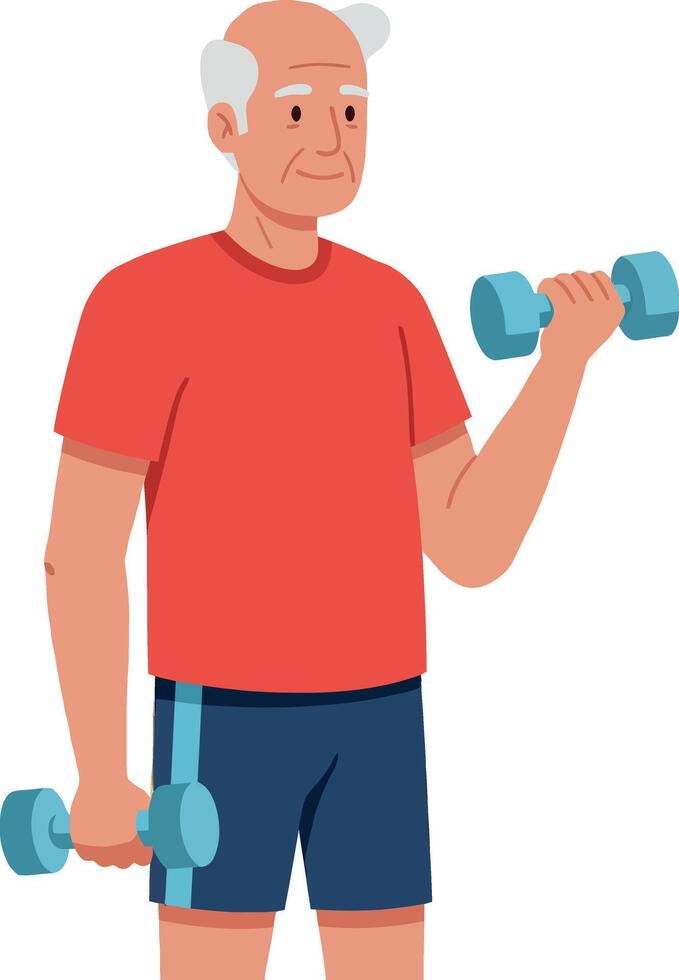 Elderly man exercising with dumbbells in casual sportswear illustration vector