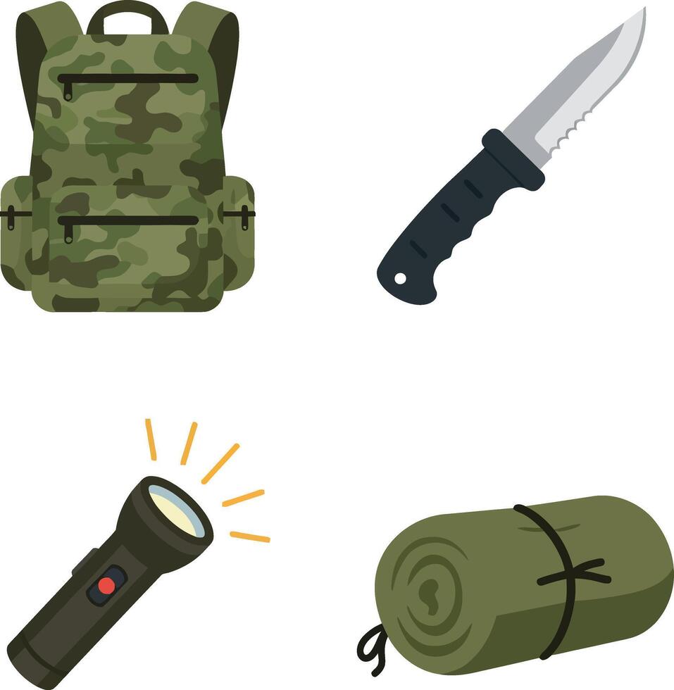 Military Style Camping Gear Set Including Backpack Knife Flashlight Sleeping Mat Illustration vector