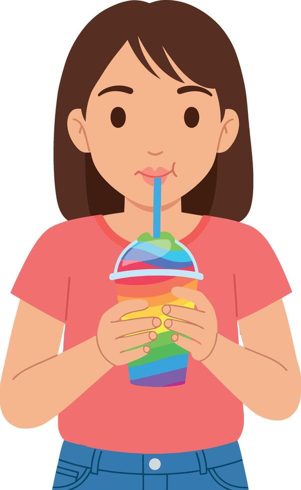Girl drinking colorful rainbow slushie cup with straw illustration vector
