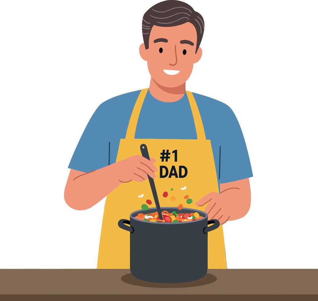 Man wearing 1 dad apron cooking soup for Fathers Day celebration kitchen scene vector
