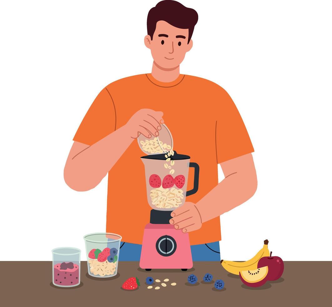 Man making healthy fruit smoothie with blender and fresh ingredients illustration vector