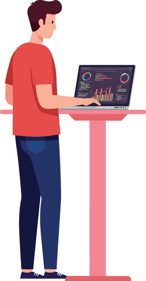 Man Working on Laptop Standing at Modern Desk with Data Visualization Illustration vector