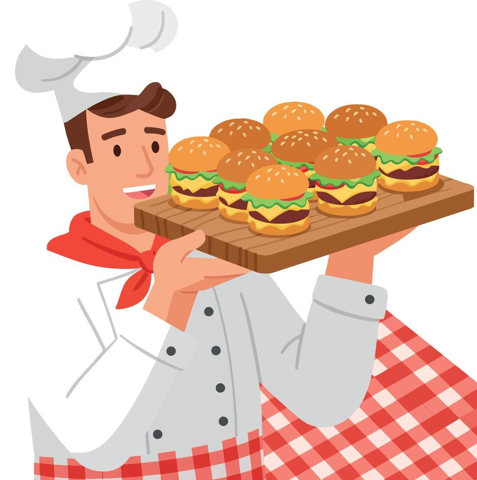 Chef holding tray with multiple cheeseburgers in kitchen setting illustration vector