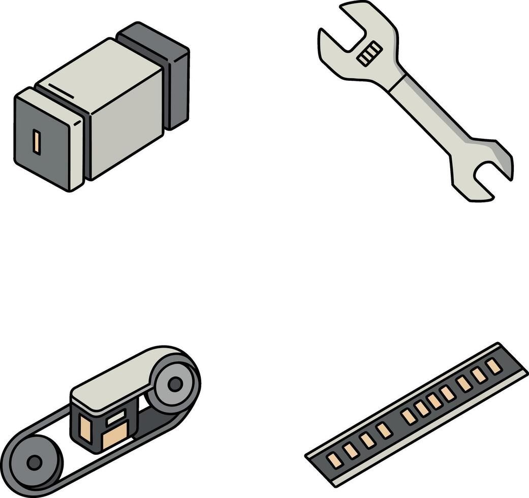 Isometric mechanical parts set wrench belt and connector illustration vector
