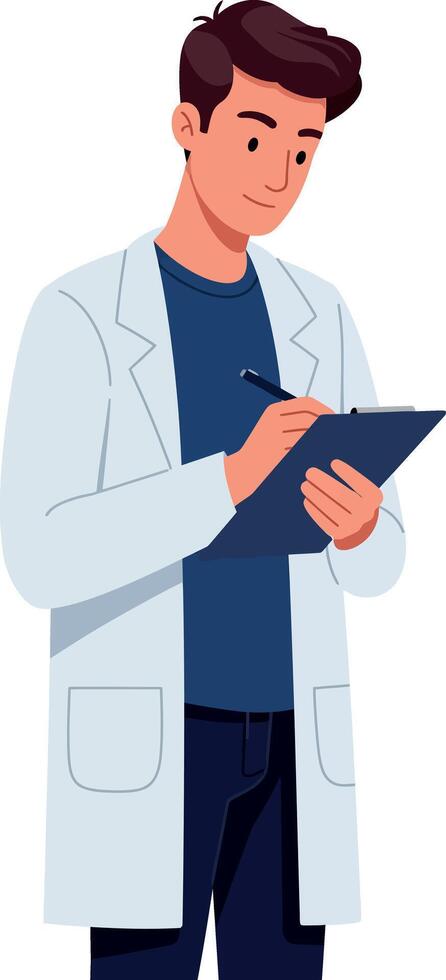 Male doctor in white coat writing on clipboard medical professional illustration vector