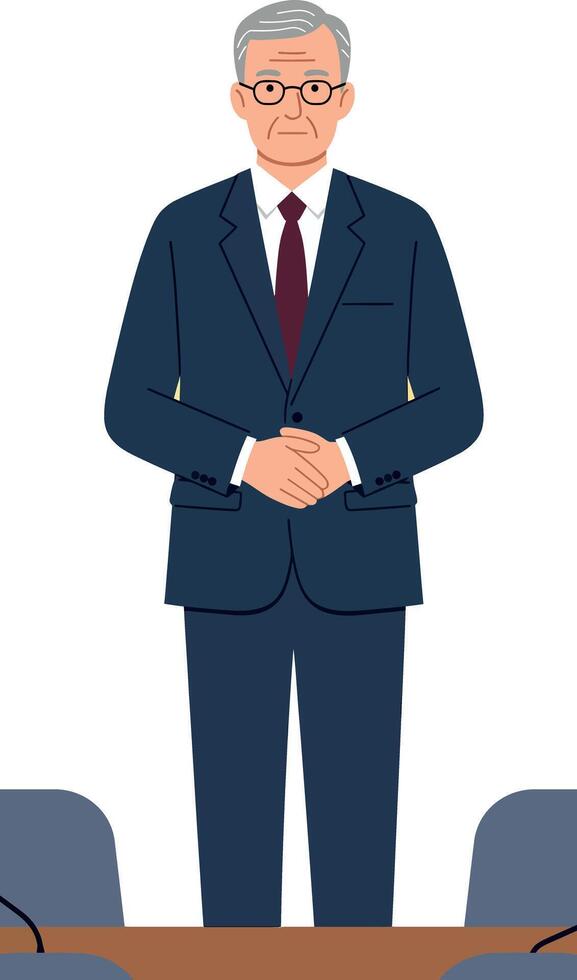 Elderly businessman in formal suit standing behind table with hands clasped illustration vector