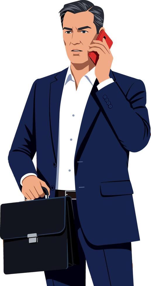 Businessman in navy suit talking on red phone holding black briefcase illustration vector