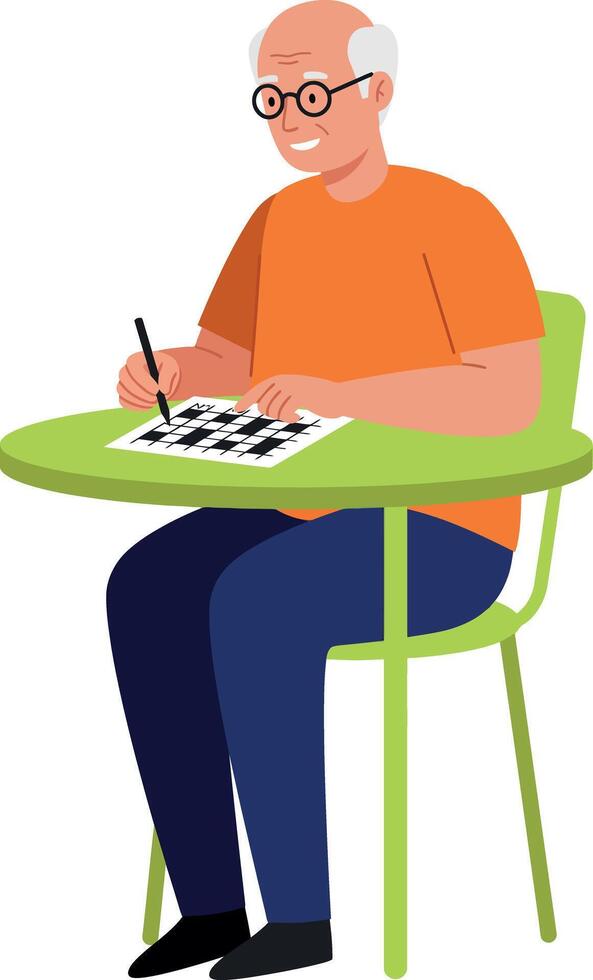 Elderly man sitting at desk solving crossword puzzle in casual clothes illustration vector