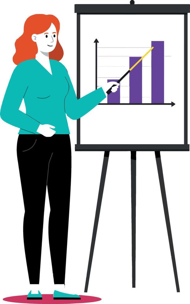 Businesswoman presenting purple bar graph on tripod easel in office environment illustration vector