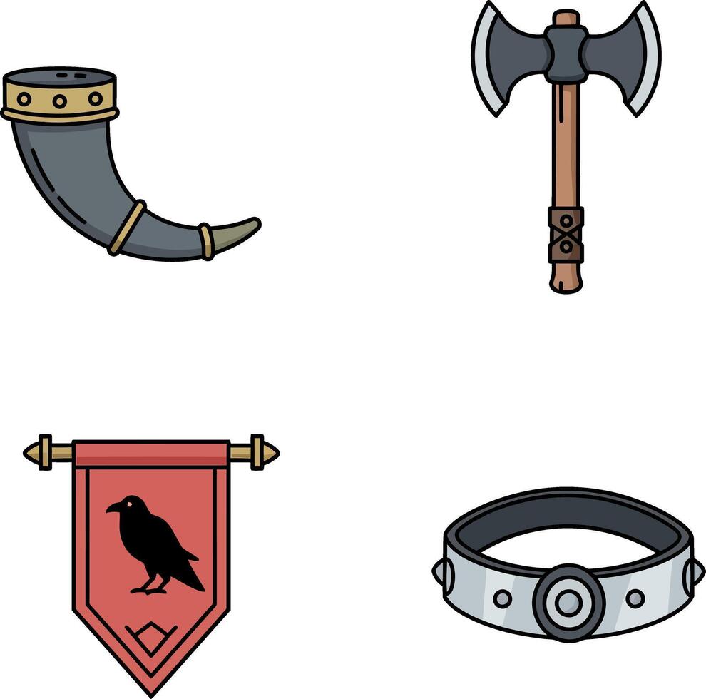 Viking Horn Battle Axe Banner and Belt Illustration Design Set vector