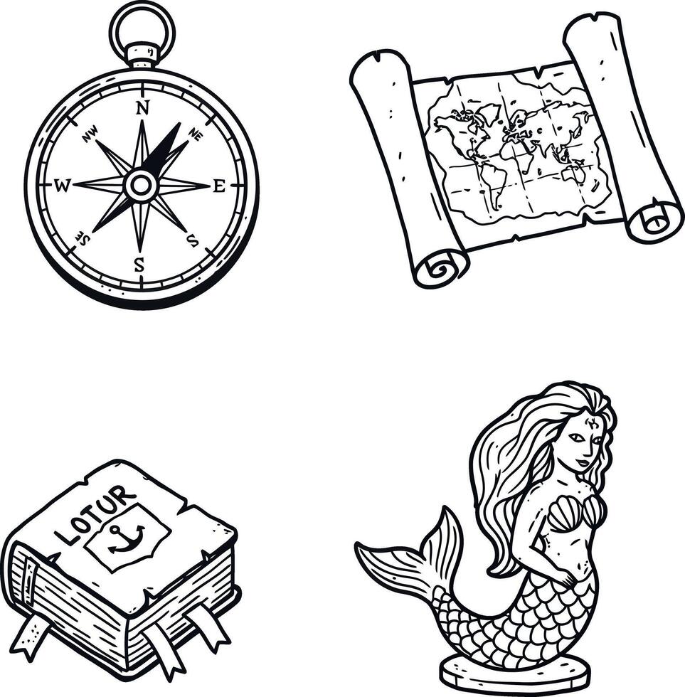 Compass map scroll book and mermaid figurine vintage nautical exploration icons vector