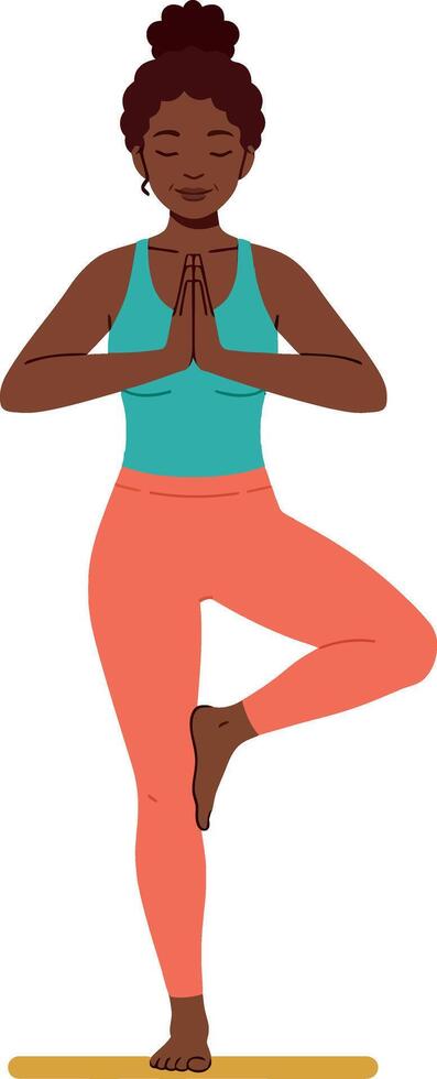 Woman practicing tree yoga pose in bright activewear illustration vector