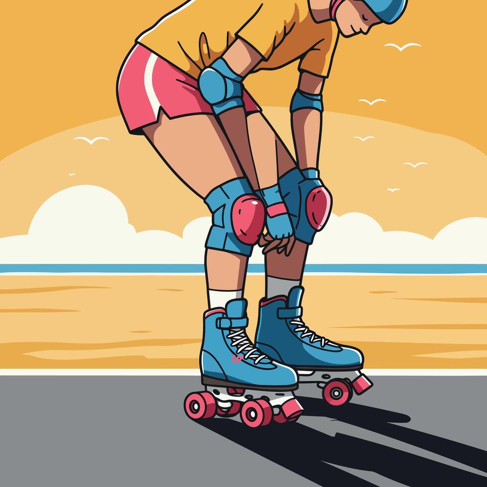 Roller Skater Wearing Protective Gear on Sunset Beach Skateboard Path Illustration vector
