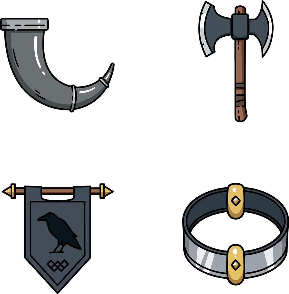 Viking horn battle axe raven banner and iron ring set for medieval theme vector