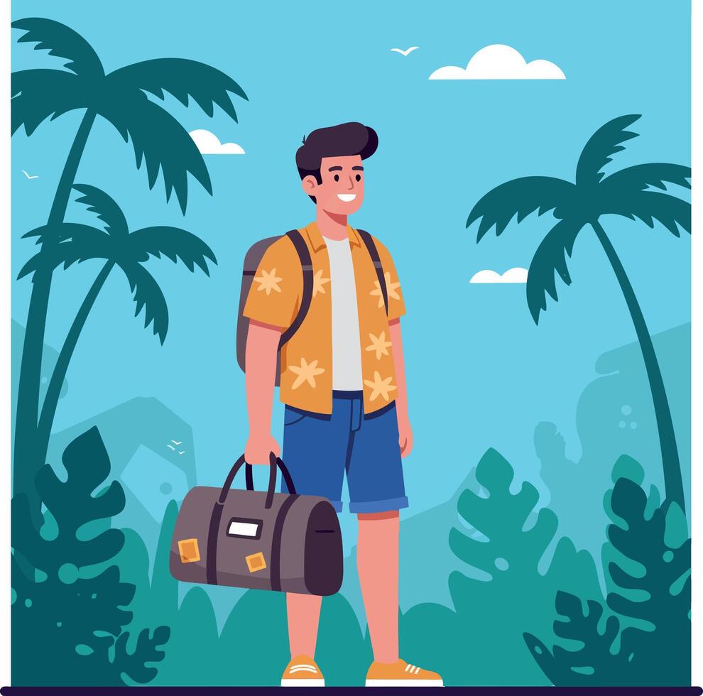 Young man with travel bag in tropical landscape with palm trees and blue sky illustration vector
