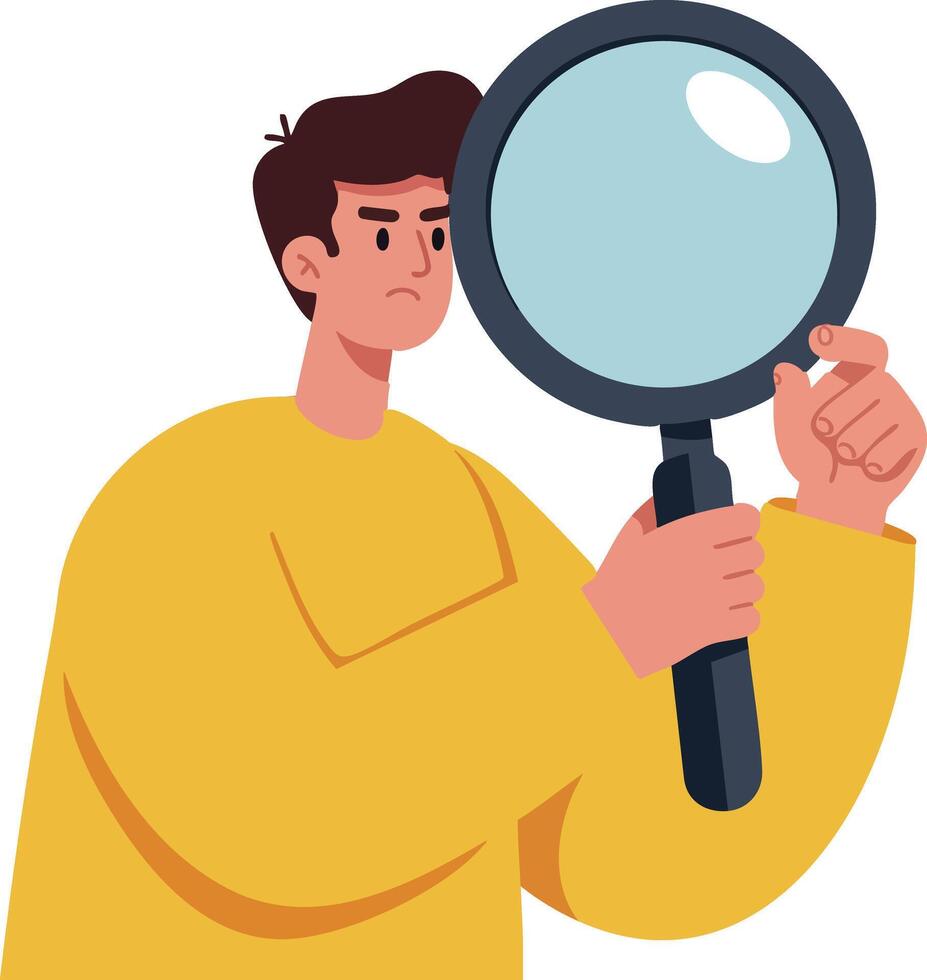 Man holding large magnifying glass for detailed inspection illustration vector
