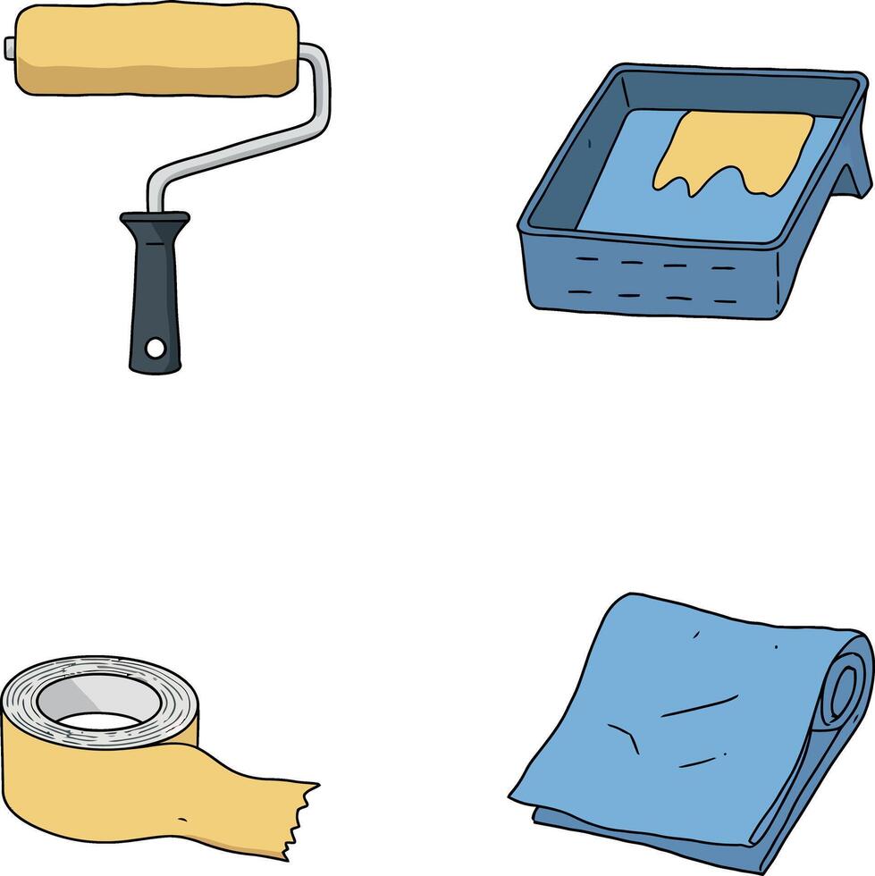 Painting tools with paint roller tray tape and cloth for home decoration vector