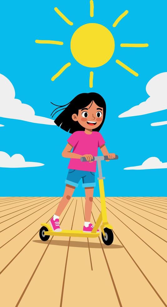 Girl riding yellow scooter on wooden floor under bright sun with blue sky and clouds illustration vector