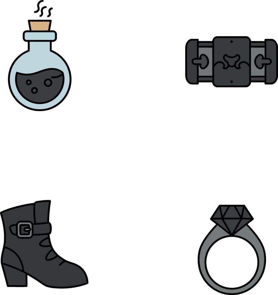 illustration of potion bottle, skateboard, boot, and diamond ring icons in simple style vector