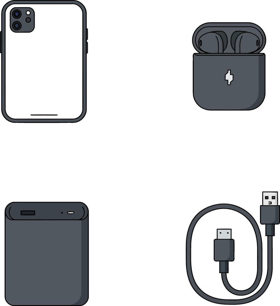 Wireless earphones smartphone charger and accessories icons in black and gray colors vector