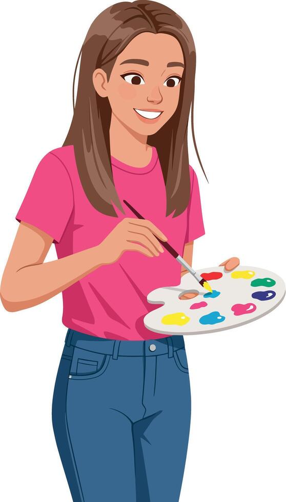 Young woman painting on palette with colorful paints in casual outfit illustration vector