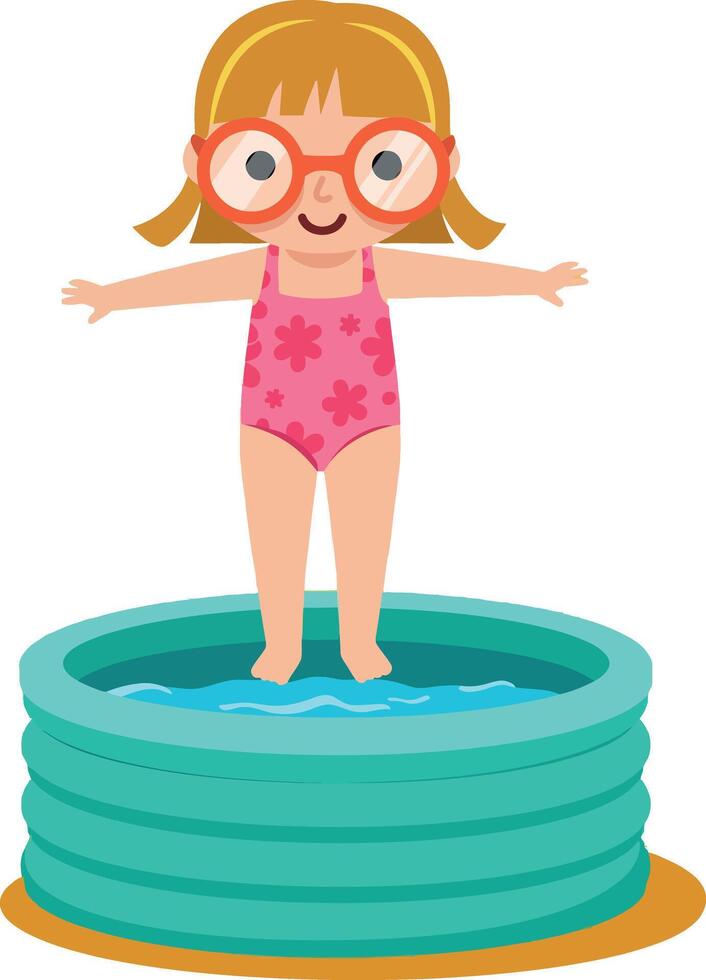 Little girl in pink swimsuit standing in blue inflatable pool cartoon illustration vector