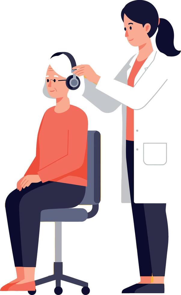 Audiologist examining elderly woman with hearing test device in clinic setting illustration vector